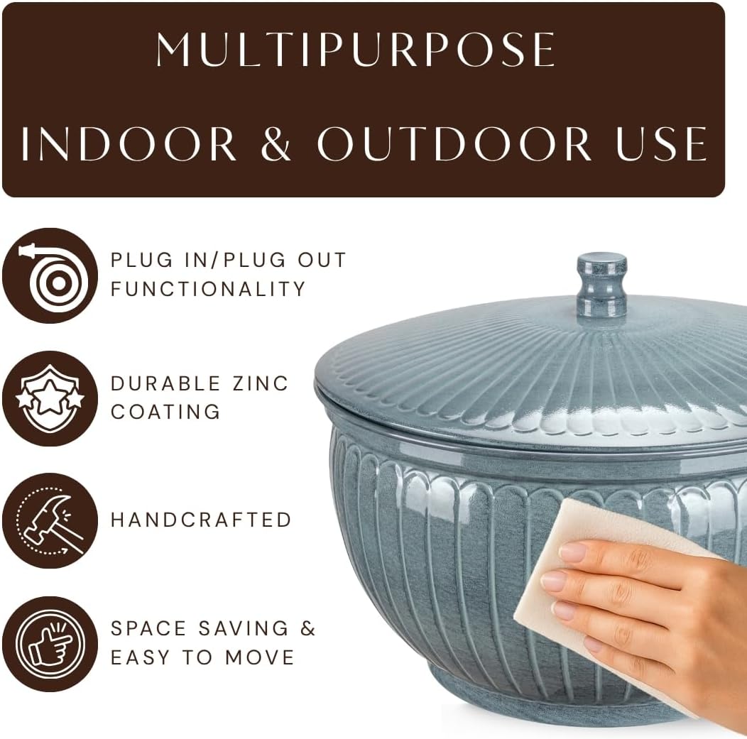 Monarch Abode Garden Hose Holder with Lid – Decorative Water Hose Holders for Outside, Arch Embossed Metal Patina Pot with Drainage, 100ft Waterhose Holder for Outside, Garden Storage Caddy
