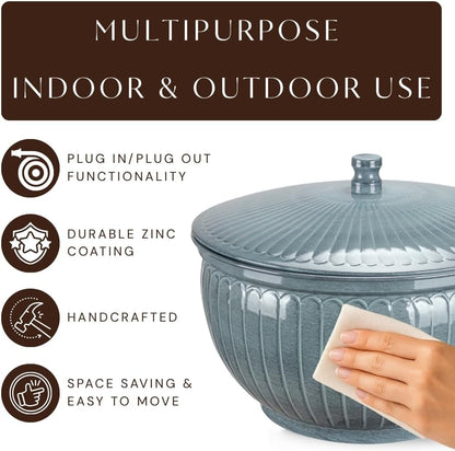 Monarch Abode Garden Hose Holder with Lid – Decorative Water Hose Holders for Outside, Arch Embossed Metal Patina Pot with Drainage, 100ft Waterhose Holder for Outside, Garden Storage Caddy