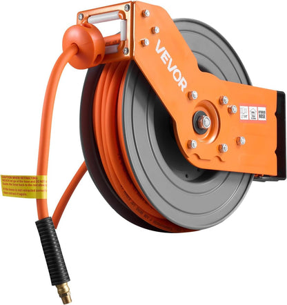 VEVOR Retractable Air Hose Reel, 3/8IN x 100FT Rubber Air Hose Max 300PSI, Air Compressor Hose Reel Auto-Rewind with 5FT Lead in, Ceiling/Wall Mount Heavy Duty Single Arm Steel Reel, 1/4" NPT Fitting