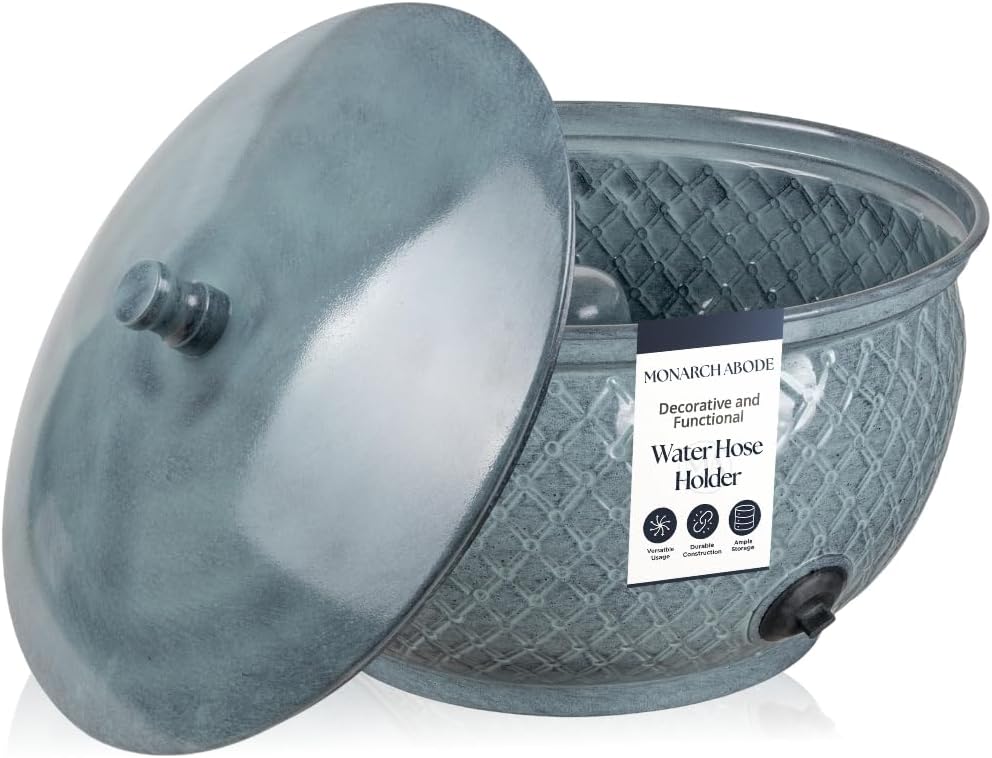 Monarch Abode Garden Hose Holder with Lid – Decorative Water Hose Holders for Outside, Diamond Embossed Metal Patina Pot with Drainage, 100ft Waterhose Holder for Outside, Garden Storage Caddy