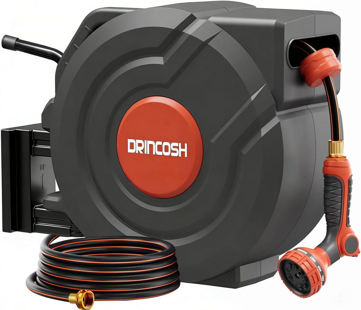 Retractable Garden Hose Reel 90 ft 5/8 inch Automatic Rewind with Any-Length Lock 9 Pattern Nozzle Sprayer 180° Swivel Wall-Mounted Hose Reel for Home Yards