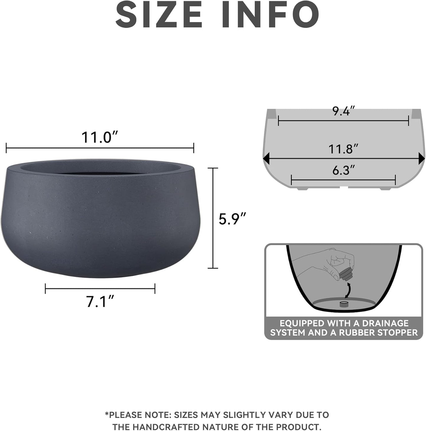 Kante 15.7" Dia Round Concrete Planter, Outdoor Indoor Garden Plant Pots with Drainage Hole and Rubber Plug, Modern Curvaceous Design, Slate Gray