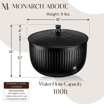 Monarch Abode Garden Hose Holder with Lid – Decorative Water Hose Holders for Outside, Ridge Embossed Metal Matte Black Pot with Drainage, 100ft Waterhose Holder for Outside, Garden Storage Caddy