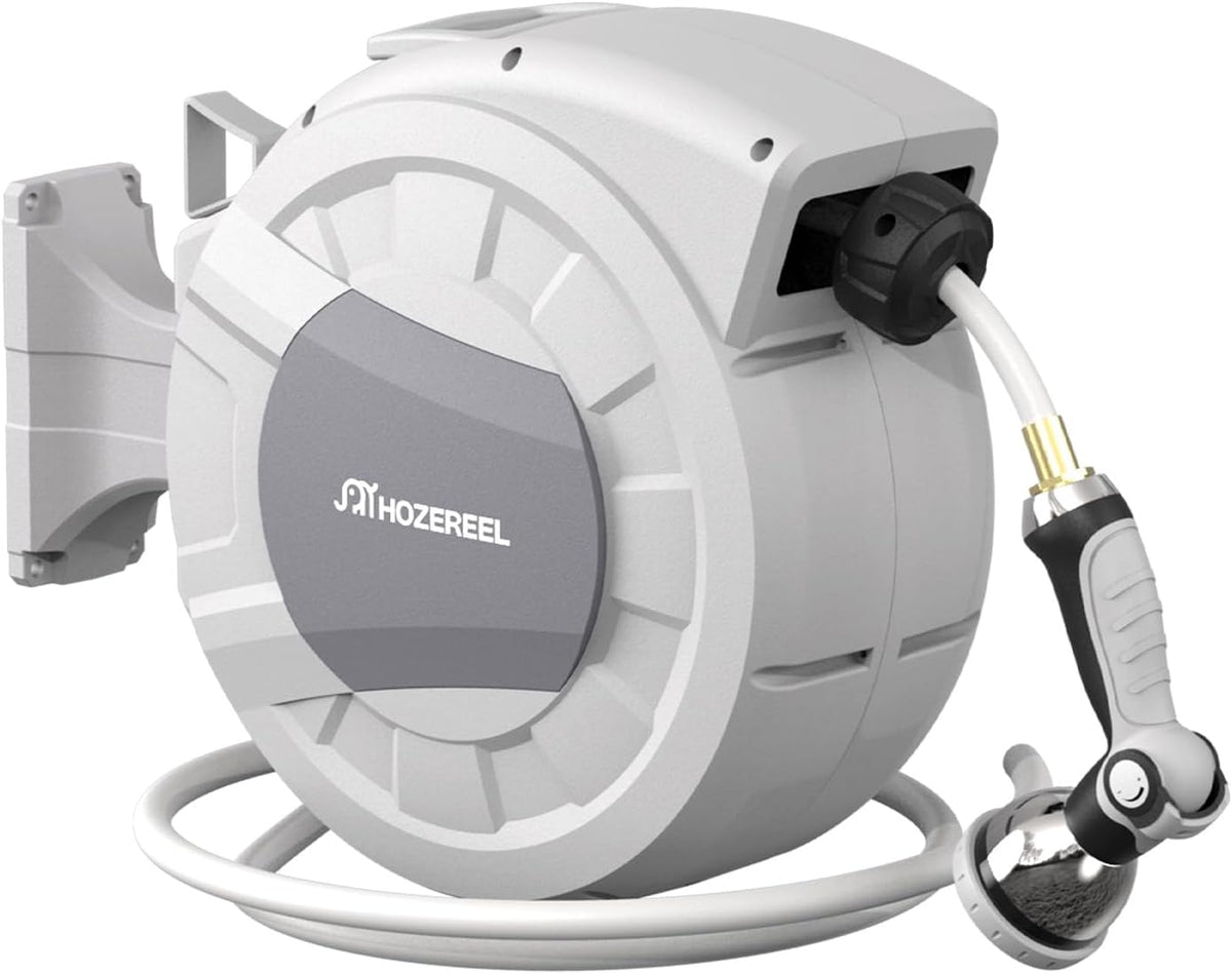 100 FT x 1/2" Retractable Garden Hose Reel by HOZEREEL, Decorative Outdoor Garden Hose Reels - Automatic Self Retract Wall Mount Hose Reel Enclosed Storage, Any Length Lock, 10 Pattern Nozzle Black