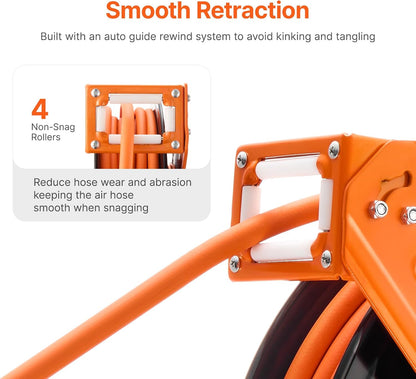 VEVOR Retractable Air Hose Reel, 3/8IN x 100FT Rubber Air Hose Max 300PSI, Air Compressor Hose Reel Auto-Rewind with 5FT Lead in, Ceiling/Wall Mount Heavy Duty Single Arm Steel Reel, 1/4" NPT Fitting