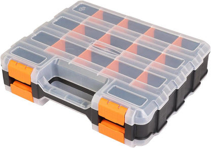 Jack Boss Tool Box with Transparent Lid, Double Side 34-Compartments Organizer Box with Removable Dividers for Hardware, Screws, Bolts, Nails, Beads, Jewelry and Fishing Accessories, Orange, 2 Pack