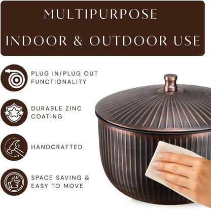 Monarch Abode Garden Hose Holder with Lid – Decorative Water Hose Holders for Outside, Ridge Embossed Metal Matte Black Pot with Drainage, 100ft Waterhose Holder for Outside, Garden Storage Caddy