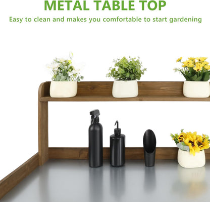 PetsCosset Folding Garden Potting Bench Table，Outdoor Wooden Work Station W/Metal Table Top,2 Tier Open Storage Rack,Top Shelf-Natural Stained