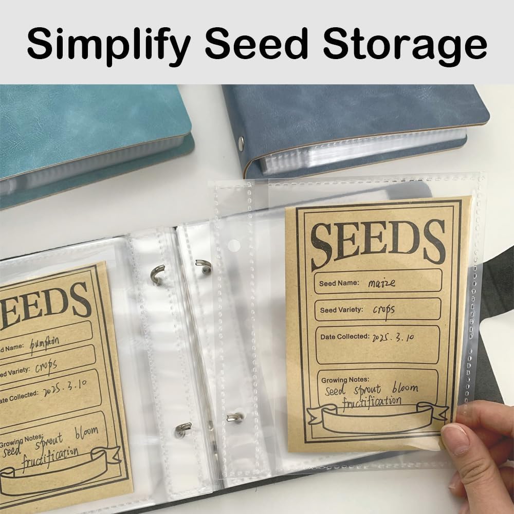 Seed Storage Organizer Binder, 3 Ring Seed Packet Organizer with 100 Pockets(25 Pack Clear Sheet Protectors), Garden Seed Holder Book for Envelopes, Seed Saving Keeper, Green