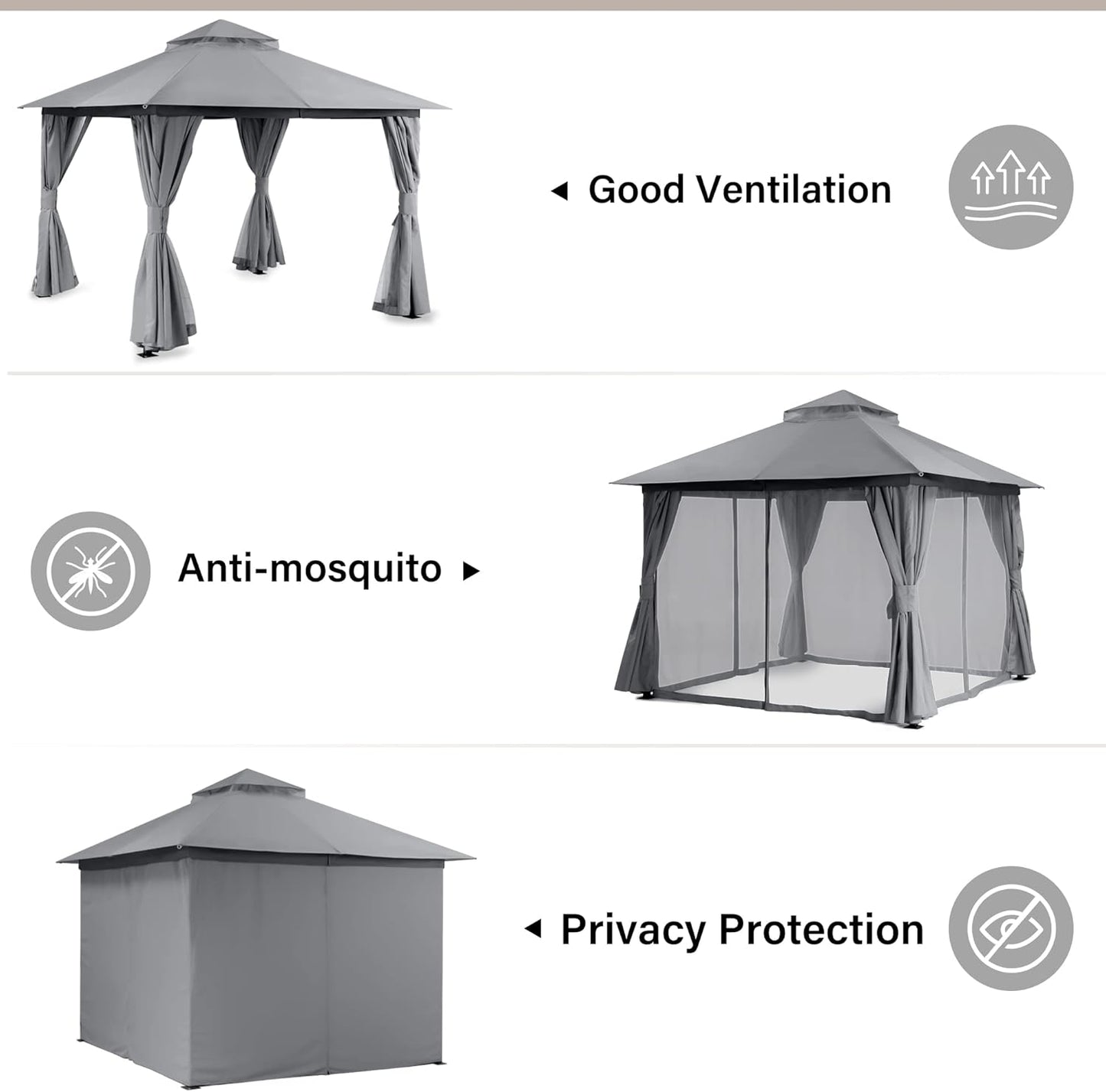 10x20 Gazebo Canopy with 100FT String Lights, Metal Heavy Duty Patio Canopy Tent with Double Roofs, Mosquito Nettings and Privacy Screens for Backyard, Garden, Lawn, Gray