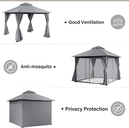 10x20 Gazebo Canopy with 100FT String Lights, Metal Heavy Duty Patio Canopy Tent with Double Roofs, Mosquito Nettings and Privacy Screens for Backyard, Garden, Lawn, Gray