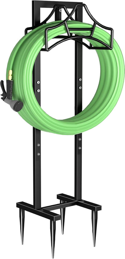 Garbuildman Garden Hose Holder with 3 Spikes, Freestanding Metal Hose Stand for Outdoor Garden, Detachable Hose Storage Rack for Lawn & Yard, Volcano Black