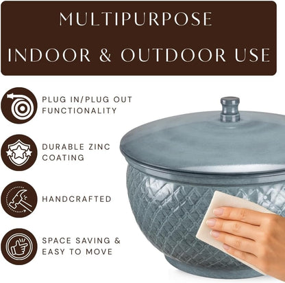 Monarch Abode Garden Hose Holder with Lid – Decorative Water Hose Holders for Outside, Diamond Embossed Metal Patina Pot with Drainage, 100ft Waterhose Holder for Outside, Garden Storage Caddy