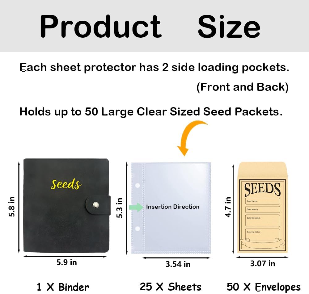 Seed Storage Organizer Binder, 3 Ring Seed Packet Organizer with 100 Pockets(25 Pack Clear Sheet Protectors), Garden Seed Holder Book for Envelopes, Seed Saving Keeper, Green