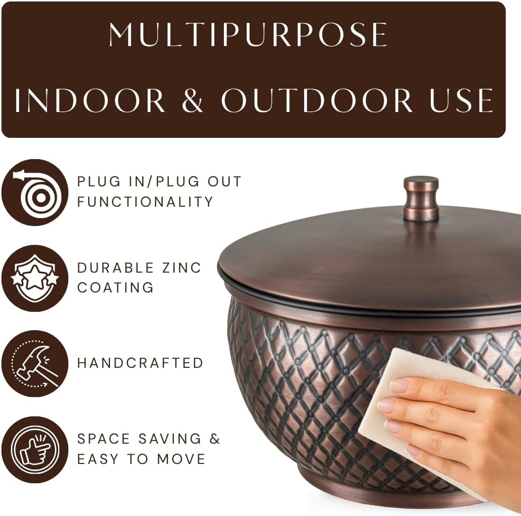 Monarch Abode Garden Hose Holder with Lid – Decorative Water Hose Holders for Outside, Diamond Embossed Metal Patina Pot with Drainage, 100ft Waterhose Holder for Outside, Garden Storage Caddy
