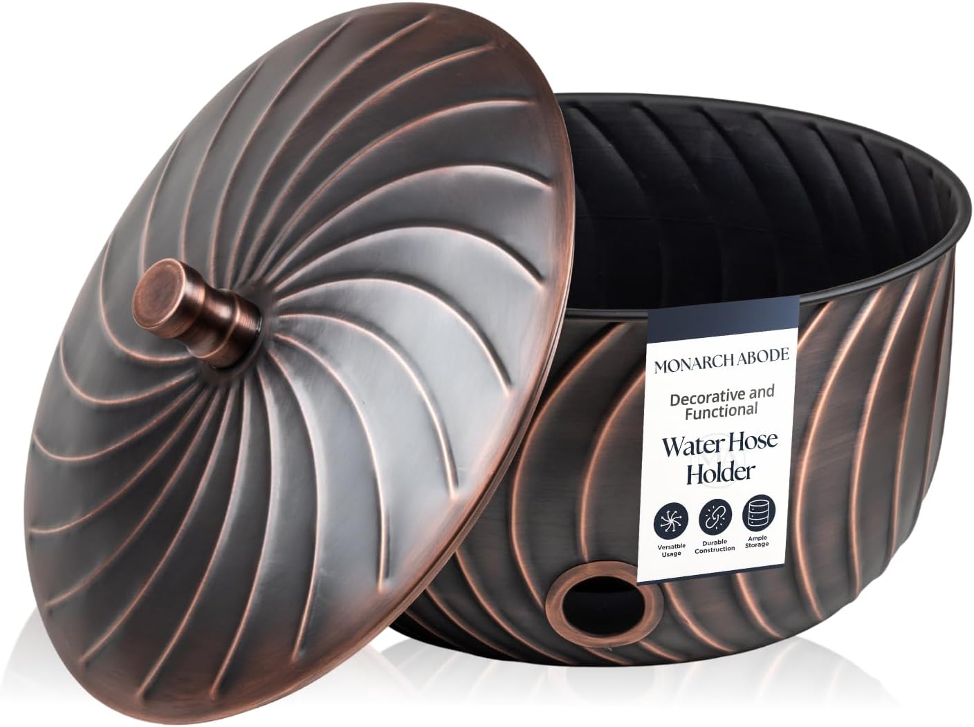 Monarch Abode Garden Hose Holder with Lid – Decorative Water Hose Holders for Outside, Wave Embossed Metal Matte Black Pot with Drainage, 100ft Waterhose Holder for Outside, Garden Storage Caddy