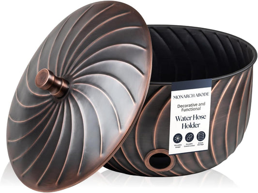 Monarch Abode Garden Hose Holder with Lid – Decorative Water Hose Holders for Outside, Wave Embossed Metal Matte Black Pot with Drainage, 100ft Waterhose Holder for Outside, Garden Storage Caddy