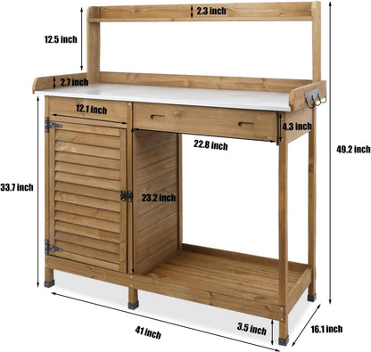PetsCosset Folding Garden Potting Bench Table，Outdoor Wooden Work Station W/Metal Table Top,2 Tier Open Storage Rack,Top Shelf-Natural Stained