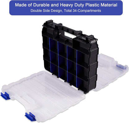 Small Parts Storage Case Tools Box Organizer Double Side 34 Compartments Hardware Organizers with Removable Plastic Dividers for Screws Nuts Nails Bolts