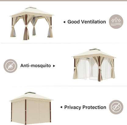 10x20 Gazebo Canopy with 100FT String Lights, Metal Heavy Duty Patio Canopy Tent with Double Roofs, Mosquito Nettings and Privacy Screens for Backyard, Garden, Lawn, Gray