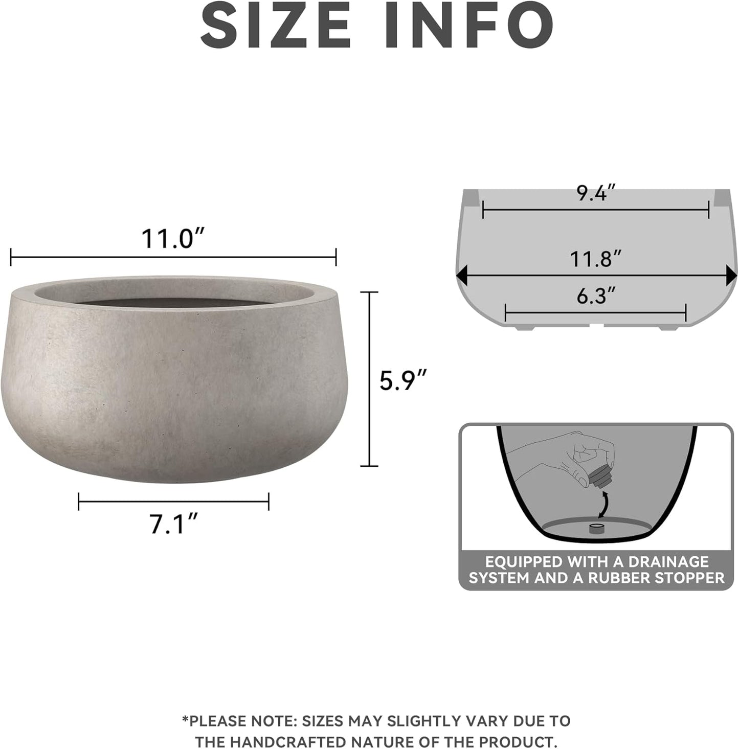 Kante 15.7" Dia Round Concrete Planter, Outdoor Indoor Garden Plant Pots with Drainage Hole and Rubber Plug, Modern Curvaceous Design, Slate Gray