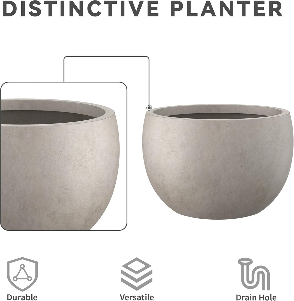 Large Round Bowl Vintage BRN Concrete Planter 19.9" Dia, Outdoor