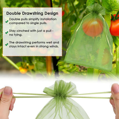 Shintop 100Pcs Fruit Protection Bags, 4x6 Inch Green Strawberry Netting Cover Drawstring Mesh Bags Pest Barrier for Blueberry Small Fruit
