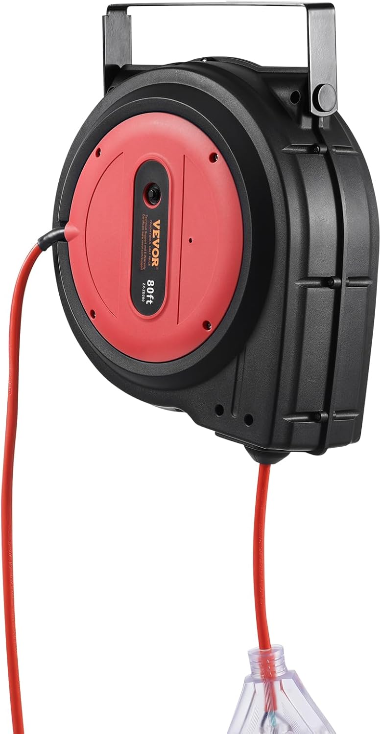 65FT Retractable Extension Cord Reel, Heavy Duty 12AWG/3C SJTOW Cord