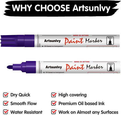 Artsunlvy White Paint Pens marking pens Permanent Markers - 2 Pack Oil Based Waterproof Markers for Tire, Rubber,Wood, Rocks, Metal, Canvas,Plastic, Dark Surface,Craft office Supplies,Medium Point