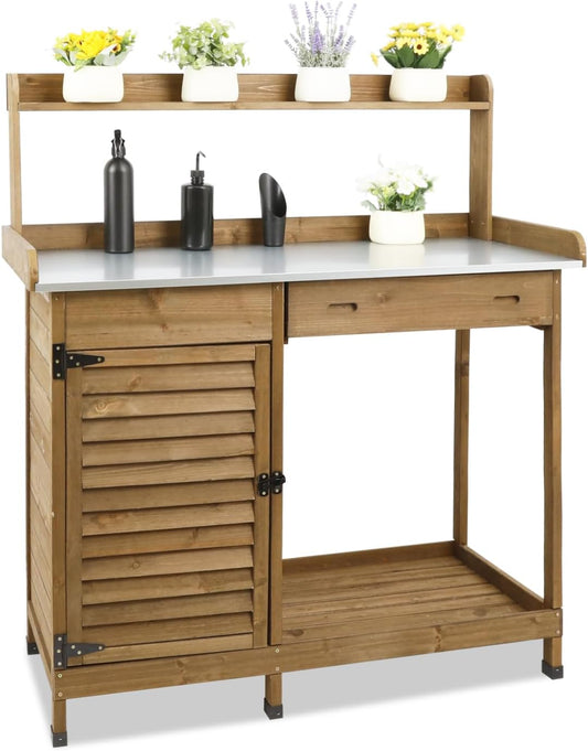 PetsCosset Folding Garden Potting Bench Table，Outdoor Wooden Work Station W/Metal Table Top,2 Tier Open Storage Rack,Top Shelf-Natural Stained