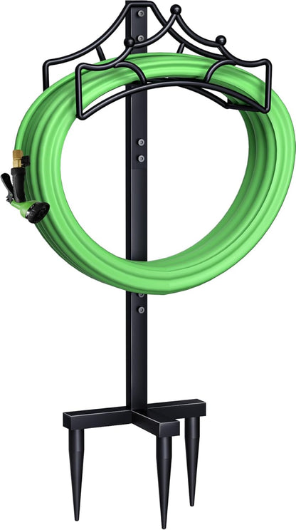 Garbuildman Garden Hose Holder with 3 Spikes, Freestanding Metal Hose Stand for Outdoor Garden, Detachable Hose Storage Rack for Lawn & Yard, Volcano Black