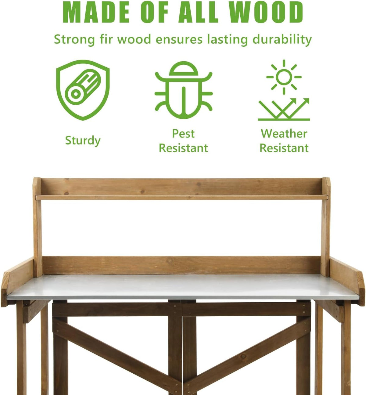 PetsCosset Folding Garden Potting Bench Table，Outdoor Wooden Work Station W/Metal Table Top,2 Tier Open Storage Rack,Top Shelf-Natural Stained