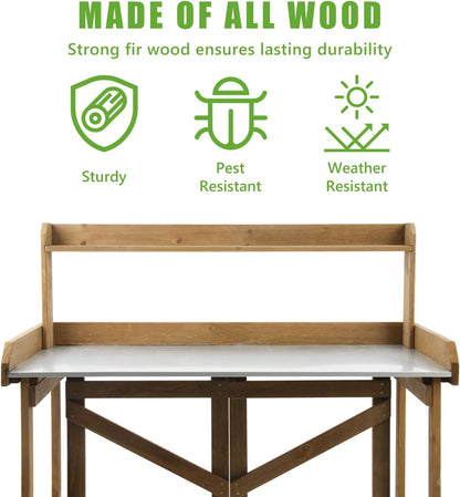 PetsCosset Folding Garden Potting Bench Table，Outdoor Wooden Work Station W/Metal Table Top,2 Tier Open Storage Rack,Top Shelf-Natural Stained