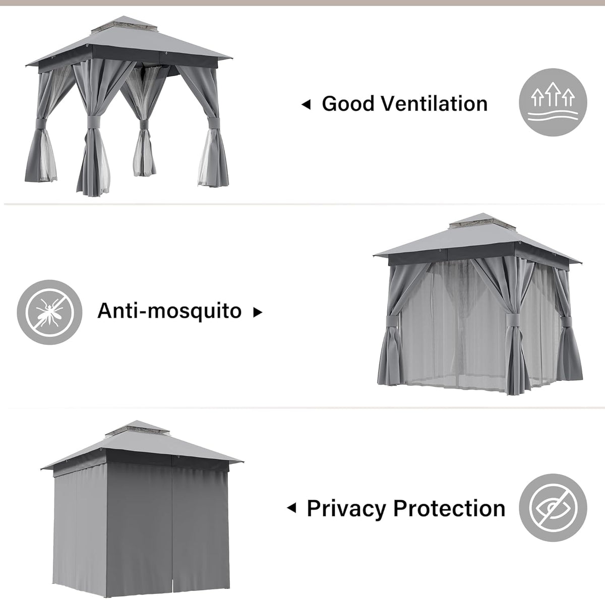10x20 Gazebo Canopy with 100FT String Lights, Metal Heavy Duty Patio Canopy Tent with Double Roofs, Mosquito Nettings and Privacy Screens for Backyard, Garden, Lawn, Gray