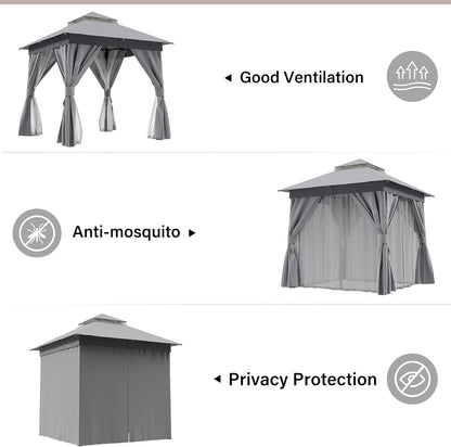 10x20 Gazebo Canopy with 100FT String Lights, Metal Heavy Duty Patio Canopy Tent with Double Roofs, Mosquito Nettings and Privacy Screens for Backyard, Garden, Lawn, Gray