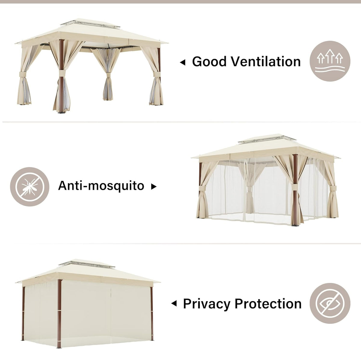 10x20 Gazebo Canopy with 100FT String Lights, Metal Heavy Duty Patio Canopy Tent with Double Roofs, Mosquito Nettings and Privacy Screens for Backyard, Garden, Lawn, Gray