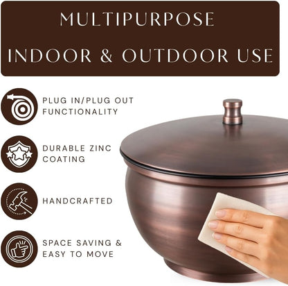 Monarch Abode Garden Hose Holder with Lid – Decorative Water Hose Holders for Outside, Smooth Metal Antique Copper Pot with Drainage, 100ft Waterhose Holder for Outside, Garden Storage Caddy