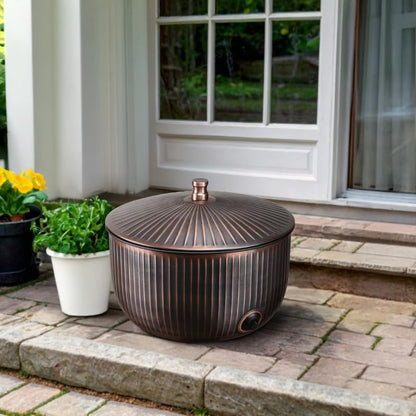 Monarch Abode Garden Hose Holder with Lid – Decorative Water Hose Holders for Outside, Ridge Embossed Metal Matte Black Pot with Drainage, 100ft Waterhose Holder for Outside, Garden Storage Caddy