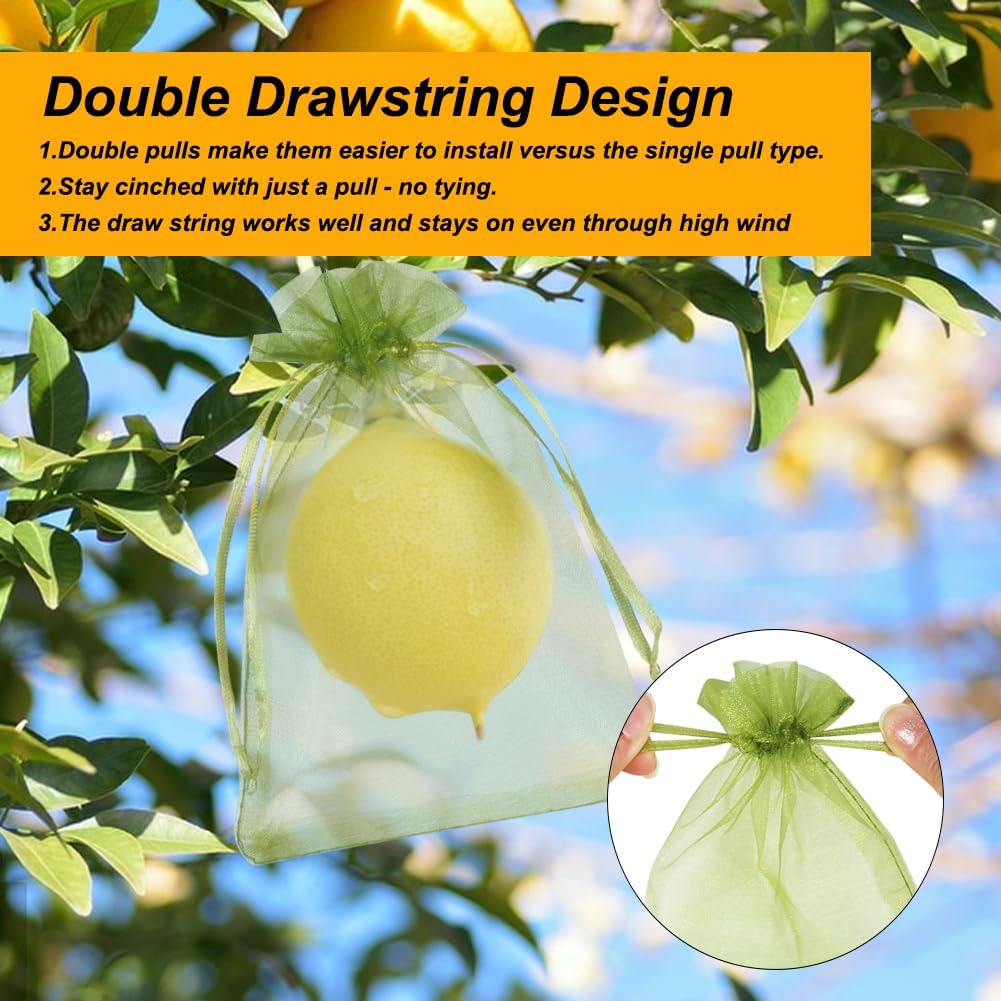 Shintop 100Pcs Fruit Protection Bags, 4x6 Inch Green Strawberry Netting Cover Drawstring Mesh Bags Pest Barrier for Blueberry Small Fruit
