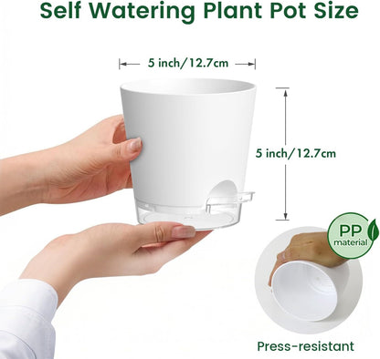 Meowell Self Watering Pots Pack of 6 – Different Size 4" to 7" Indoor Plant Pots with Drainage Holes and Clear Reservoir for Visible Water Level, Plastic Wicking Planters for House Plants, White