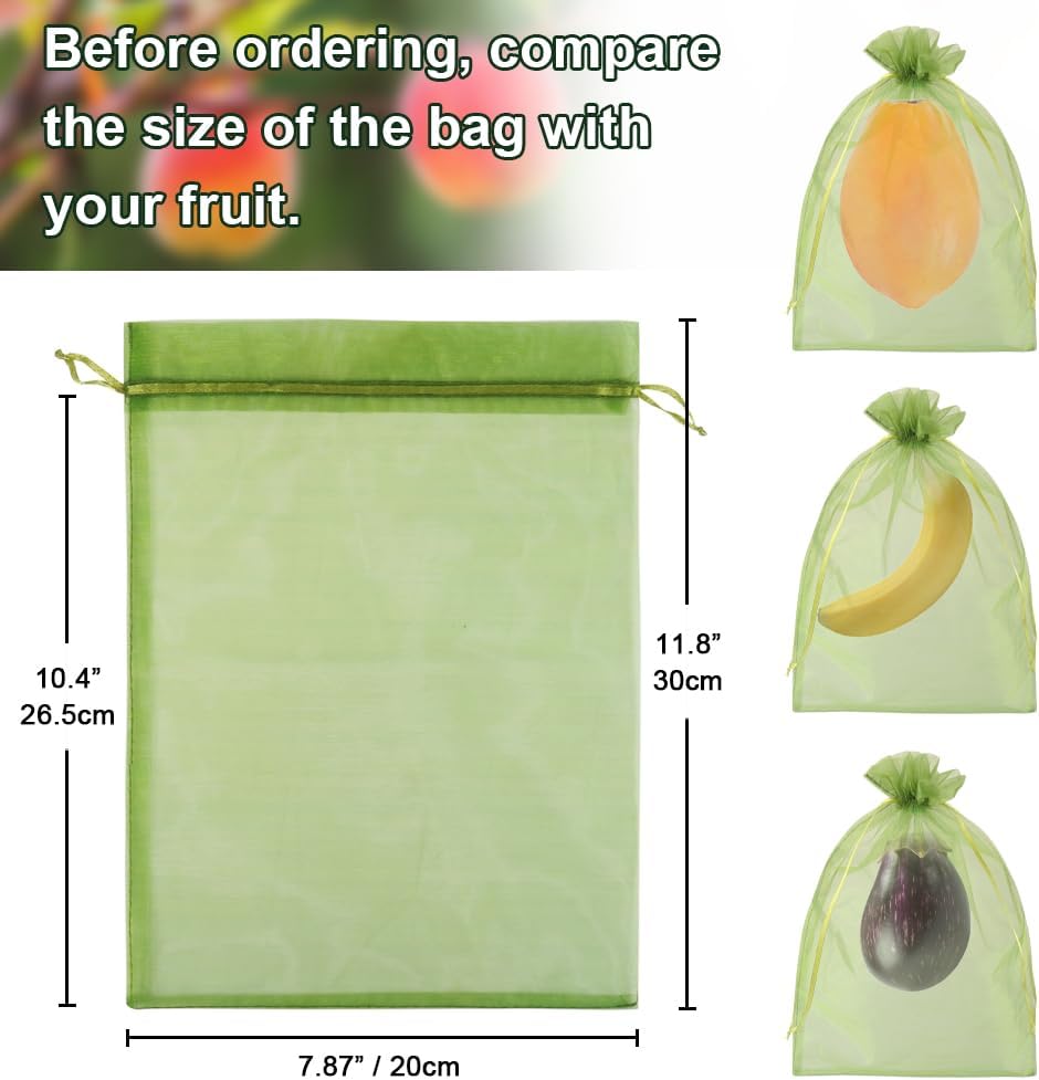 Shintop 100Pcs Fruit Protection Bags, 6x9 Inch Green Fruit Tree Netting Cover Drawstring Mesh Tomato Bags Pest Barrier for Apples Mango