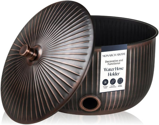 Monarch Abode Garden Hose Holder with Lid – Decorative Water Hose Holders for Outside, Ridge Embossed Metal Matte Black Pot with Drainage, 100ft Waterhose Holder for Outside, Garden Storage Caddy