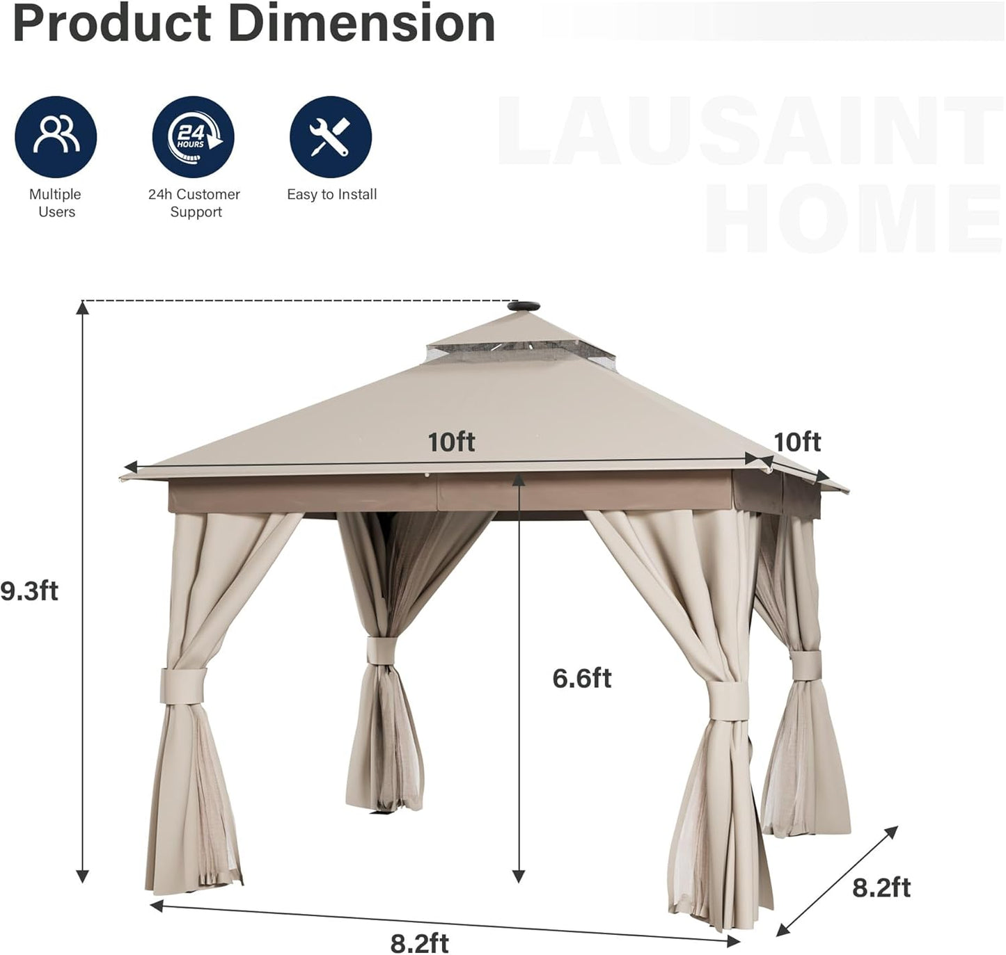 10x20 Gazebo Canopy with 100FT String Lights, Metal Heavy Duty Patio Canopy Tent with Double Roofs, Mosquito Nettings and Privacy Screens for Backyard, Garden, Lawn, Gray