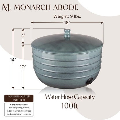 Monarch Abode Garden Hose Holder with Lid – Decorative Water Hose Holders for Outside, Border Embossed Metal Patina Pot with Drainage, 100ft Waterhose Holder for Outside, Garden Storage Caddy