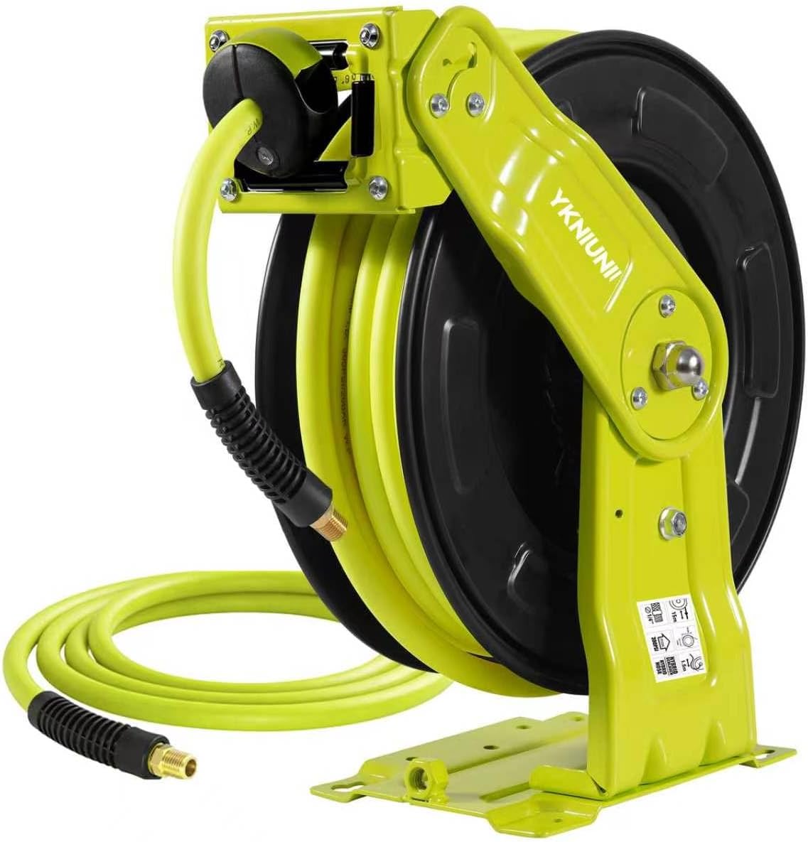 Retractable Garden Hose Reel, 50 FT Hi-Vis Neon Green Hybrid Hose, 300 PSI Heavy Duty Steel Reel, Auto Rewind, Wall Mount, for Lawn & Yard Gardening, 1/4" NPT