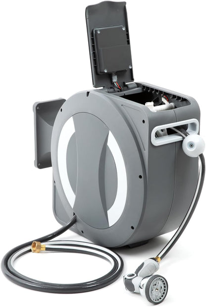 Betta EaseReel Battery-Powered Wall-Mounted Retractable Hose Reel, with Quick-Access Dual Hose Length Control, 8 Spray Patterns Nozzle, Automatic Roll-Up & Tangle-Free Hose Guide (1/2'', 100FT/30m)