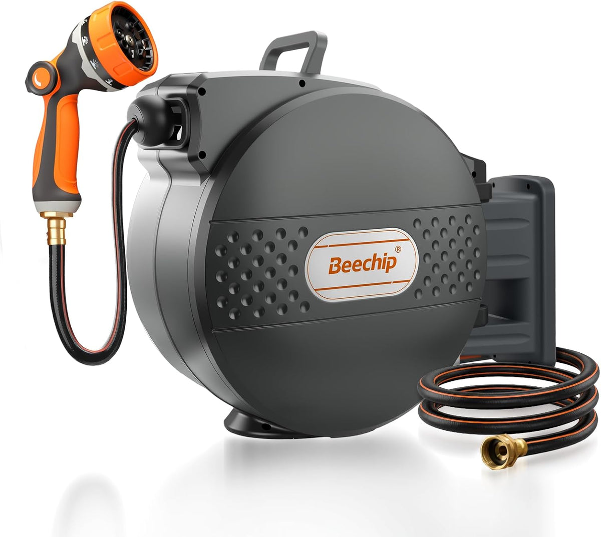 Retractable Garden Hose Reel, 1/2 in x 100 ft, Wall Mounted with 10-Function Nozzle, Any Length Lock & Slow Auto Rewind System, 180° Swivel Bracket, Black
