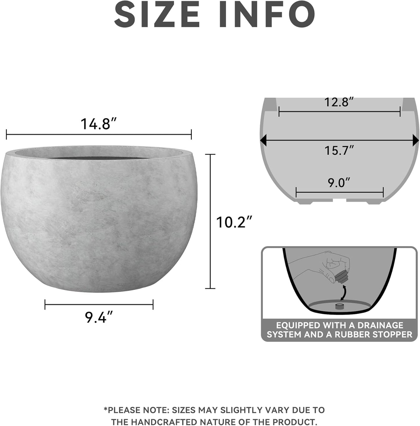 Large Round Bowl Vintage BRN Concrete Planter 19.9" Dia, Outdoor