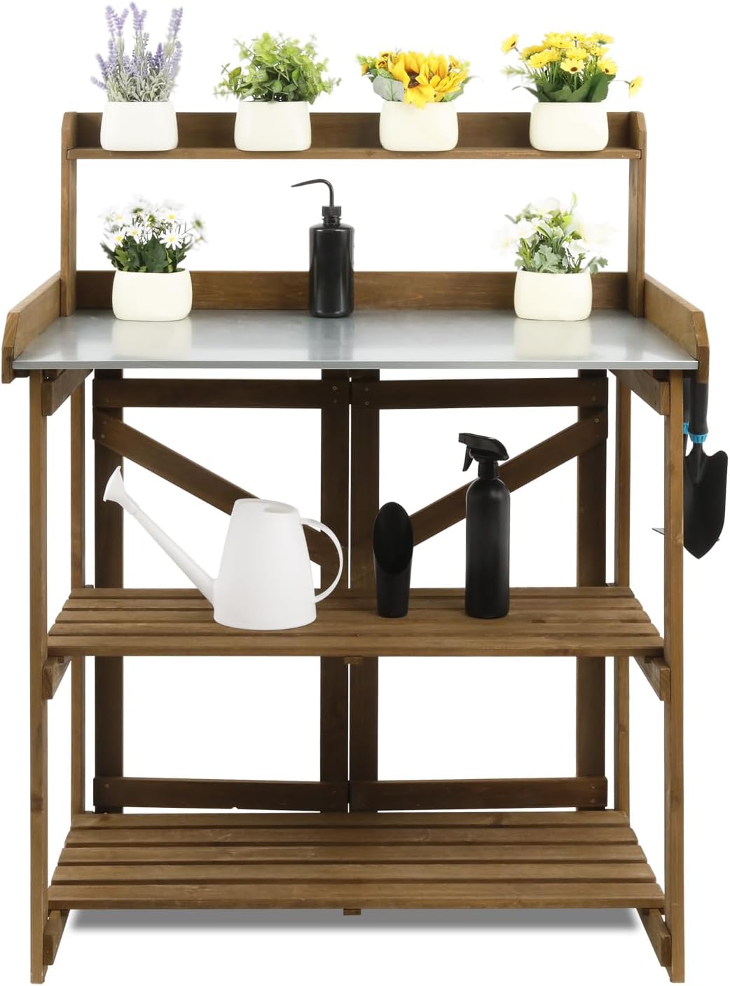 PetsCosset Folding Garden Potting Bench Table，Outdoor Wooden Work Station W/Metal Table Top,2 Tier Open Storage Rack,Top Shelf-Natural Stained