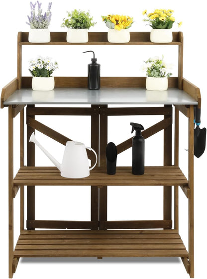 PetsCosset Folding Garden Potting Bench Table，Outdoor Wooden Work Station W/Metal Table Top,2 Tier Open Storage Rack,Top Shelf-Natural Stained